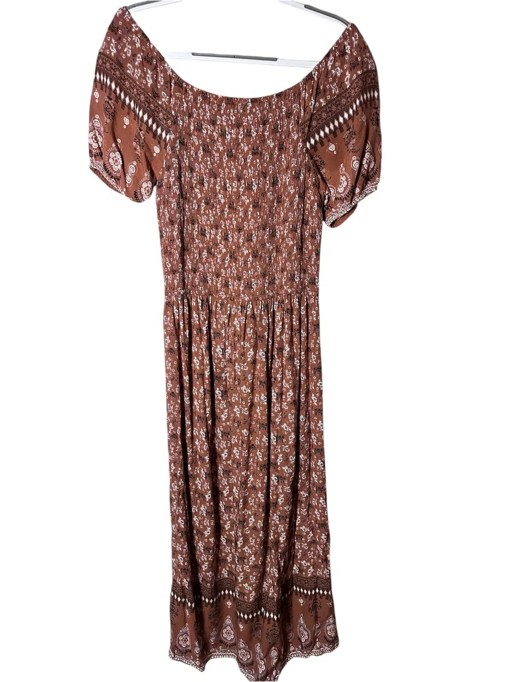 Boho Floral Smocked Maxi Dress XL Off Shoulder Puff Sleeve Peasant Cottagecore - Picture 2 of 8